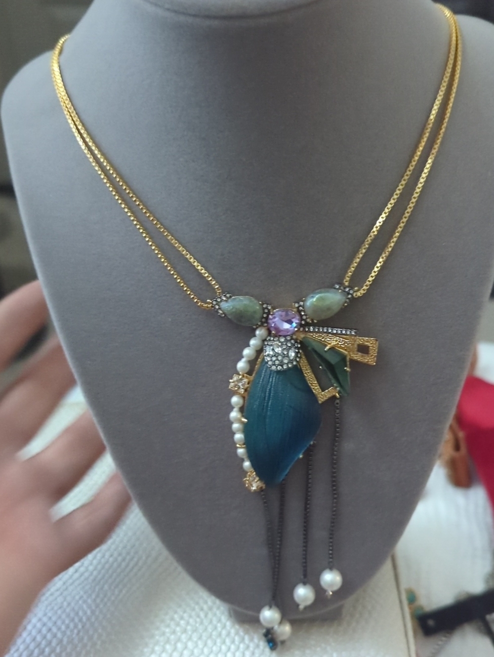 Gold-Tone Blue  Pendant Necklace with Pearls